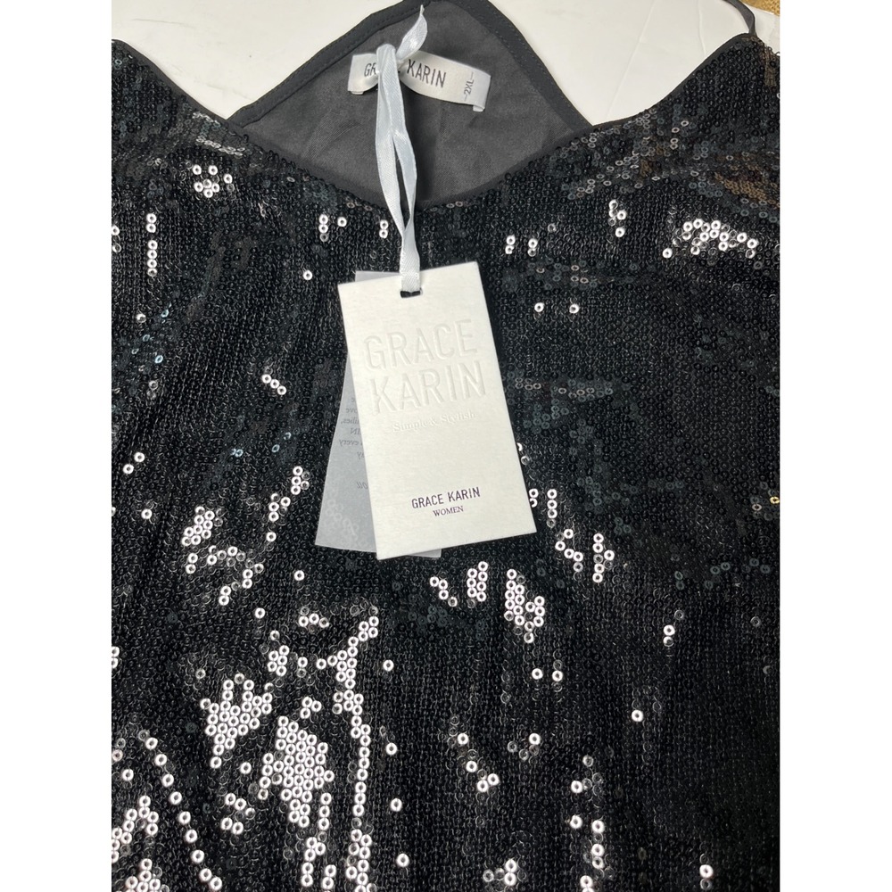 Grace Karin Black Sequin Camisole Top 2XL Lined Sparkle Tank Adjustable Strap - Picture 5 of 10